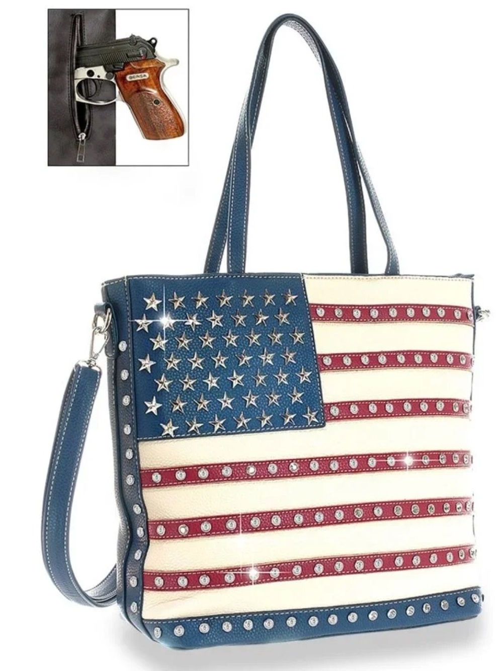 American Flag Rhinestone Conceal Carry Large Crossbody/Handbag NEW - Picture 4 of 14